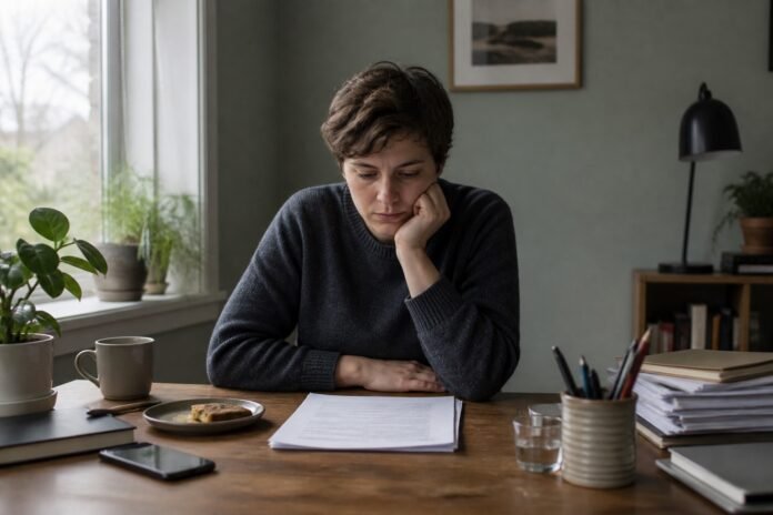 A person pauses over an important document while several small distractions sit around the desk.